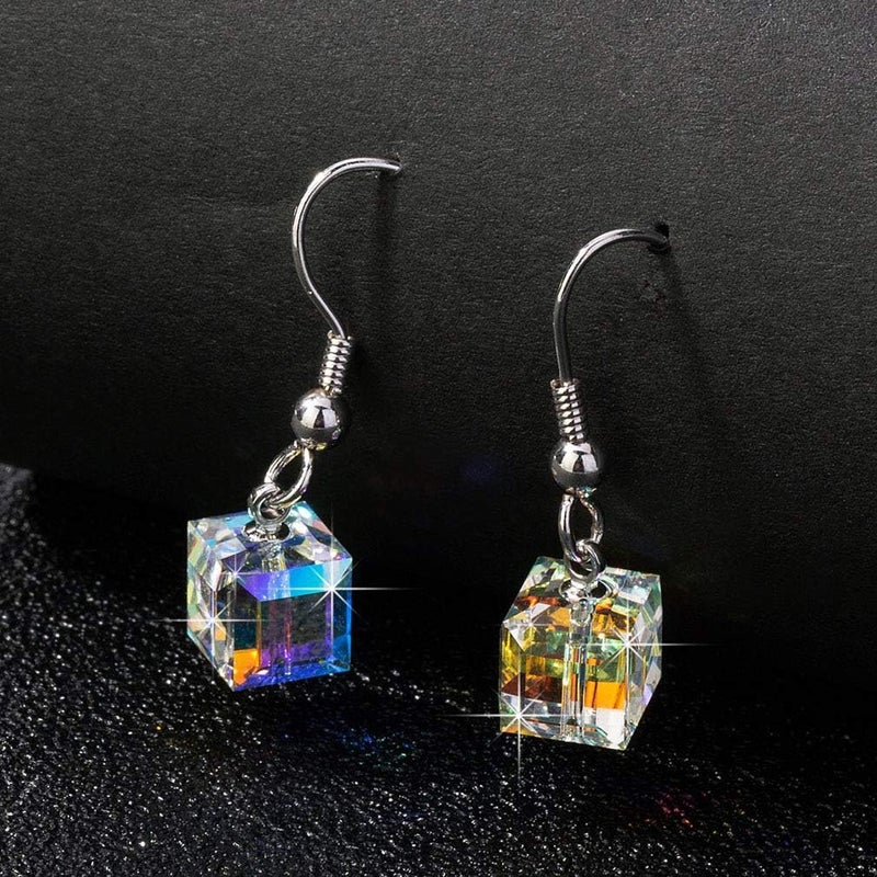 EVEVIC Austrian Crystal Cube Drop Dangle Earrings for Women Fashion 14K Gold Plated Hypoallergenic Jewelry (Aurora Borealis) - Image 5